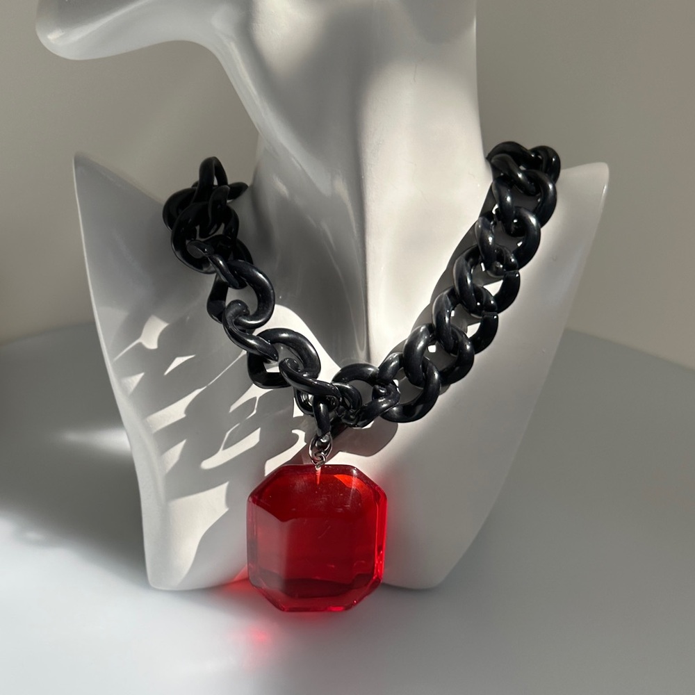 Adia Kilus Bold Black Chain Necklace with Red Gem Pendant